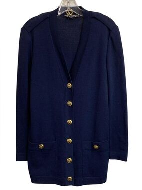 St. John Navy Gold Button Longline Cardigan Sweater Jacket Preppy Old Money P